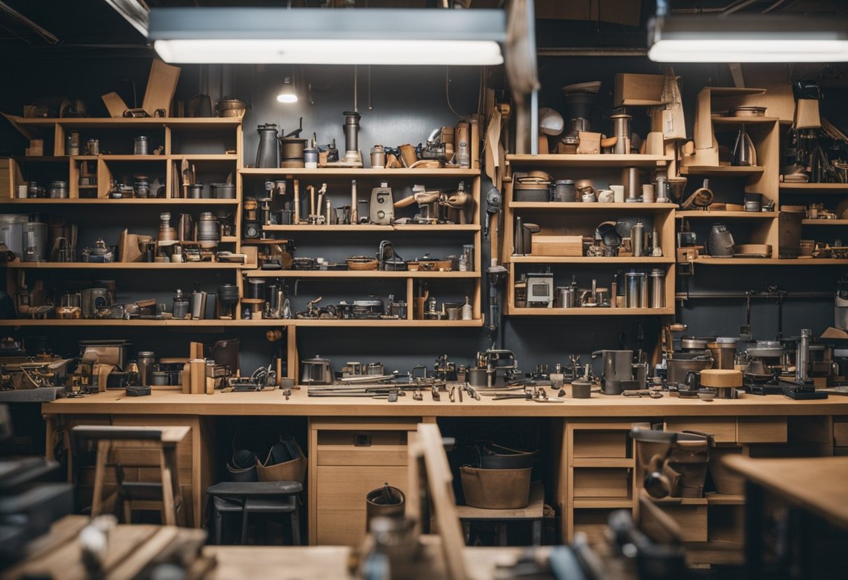 A small, cluttered workshop in Singapore filled with tools and materials for creating custom-made furniture