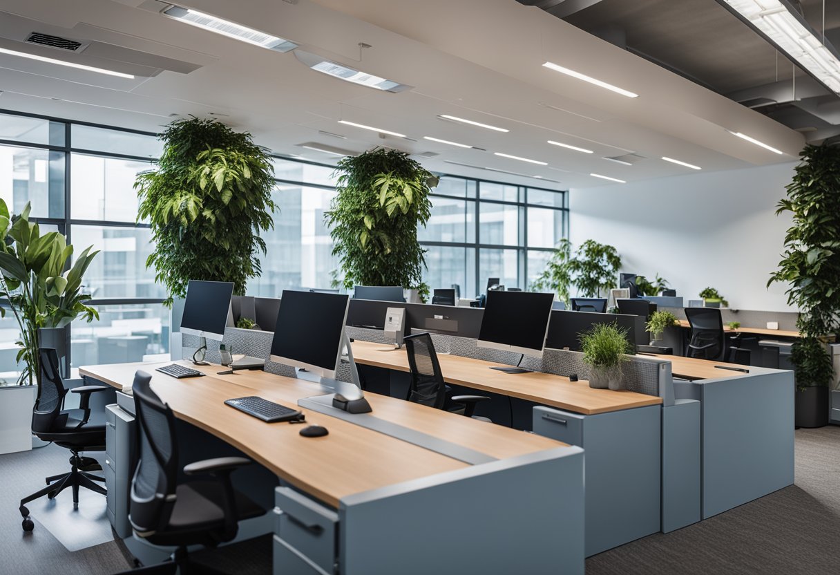 The modern software office features sleek desks, ergonomic chairs, and large monitors. The space is filled with natural light, and plants add a touch of greenery. The color scheme is a mix of cool blues and neutral tones, creating a calming and productive