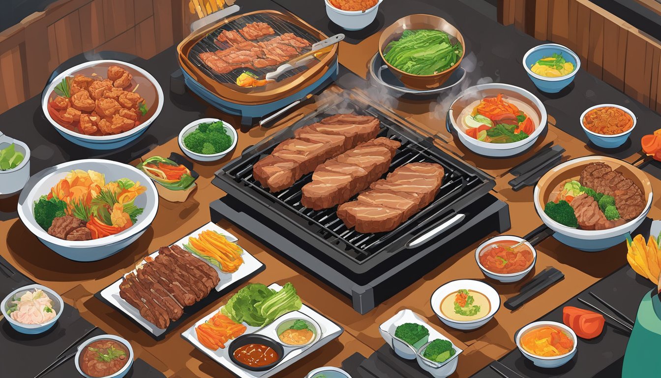 The sizzling sound of marinated meat cooking on a hot grill, surrounded by colorful banchan dishes and a lively atmosphere at The Dining Experience Jeju Korea BBQ restaurant