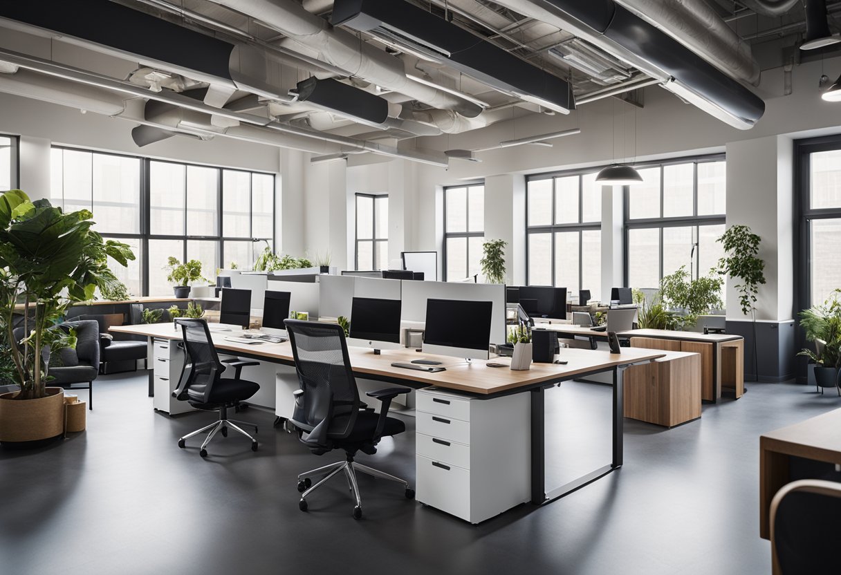 A modern, open-plan office with flexible workspaces, collaborative areas, and natural light. A mix of standing desks, comfortable seating, and communal meeting spaces create a dynamic and productive environment
