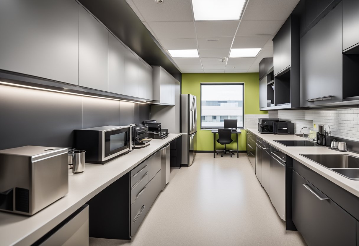 A compact office kitchen with efficient storage, multipurpose counters, and integrated appliances. Bright, modern, and organized for maximum functionality