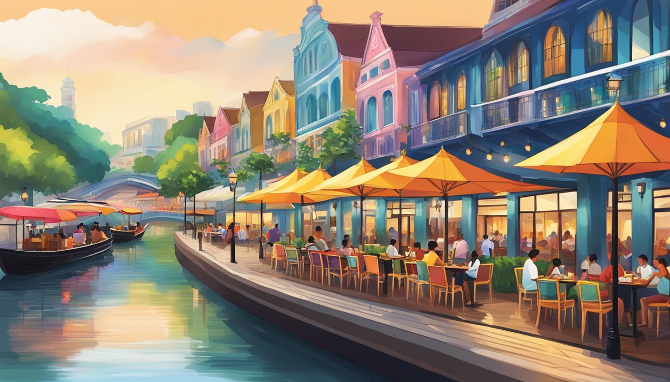 Colorful restaurants line the river at Clarke Quay, with vibrant umbrellas shading outdoor seating. Boats pass by, reflecting the lively atmosphere