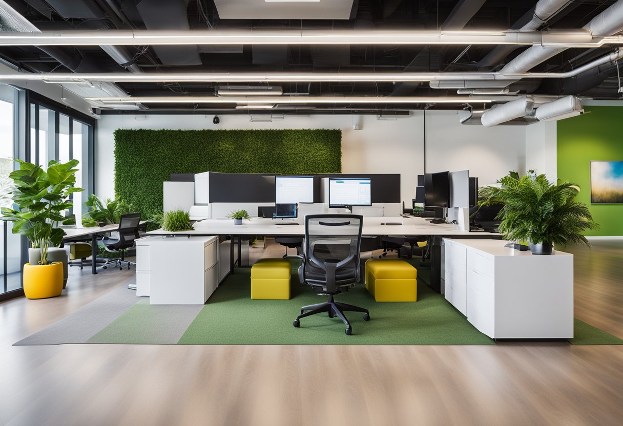 The modern office space features sleek furniture, vibrant accent colors, and ample natural light. A large, open floor plan promotes collaboration, while individual workstations offer privacy. The space is adorned with contemporary art and greenery, creating a welcoming and productive environment