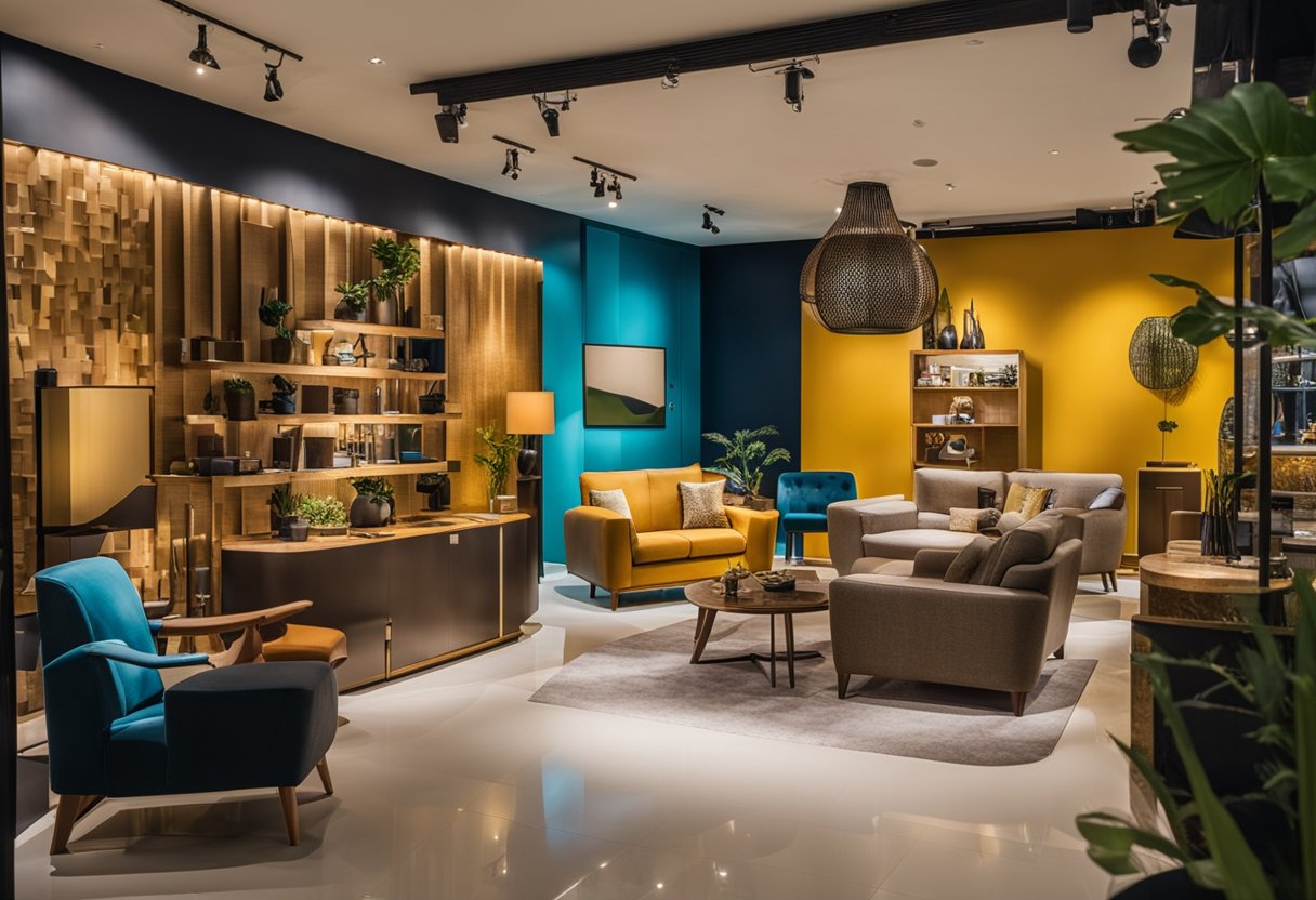 A showroom filled with unique, handcrafted furniture. Vibrant colors and modern designs. A sign reads "Custom-Made Furniture in Singapore."