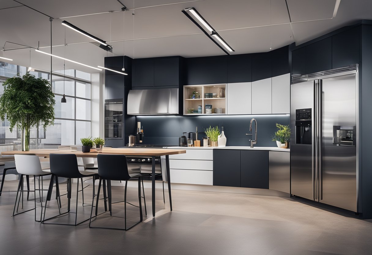 The small office kitchen features sleek, modern cabinets, stainless steel appliances, and a minimalist design aesthetic