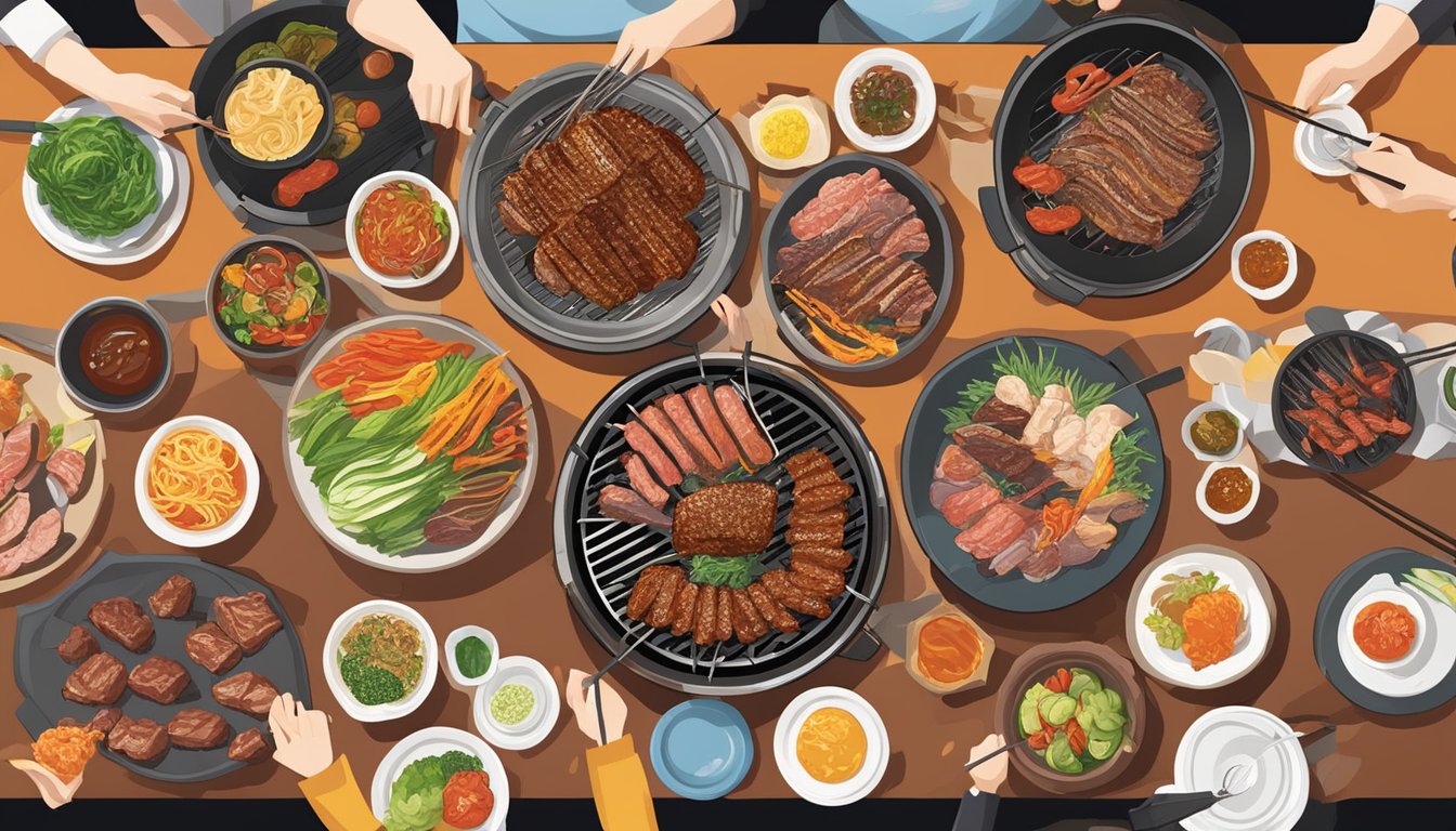 Customers enjoying traditional Korean BBQ at Jeju restaurant, with sizzling meats on the grill and colorful side dishes