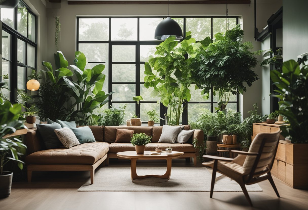 A cozy living room with wooden furniture, lush green plants, and natural light streaming in through large windows