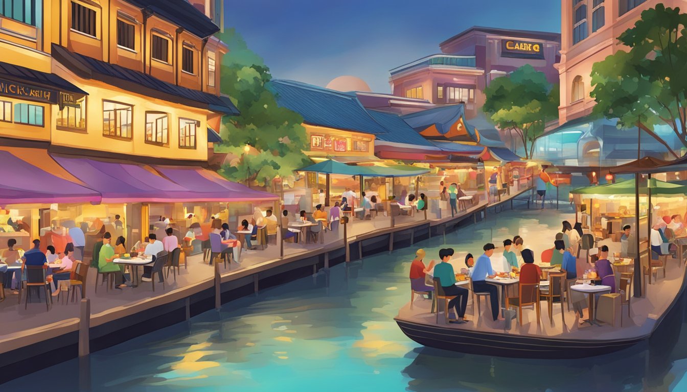 A bustling scene of colorful, diverse restaurants lining the Clarke Quay river, with tantalizing dishes and vibrant ambiance