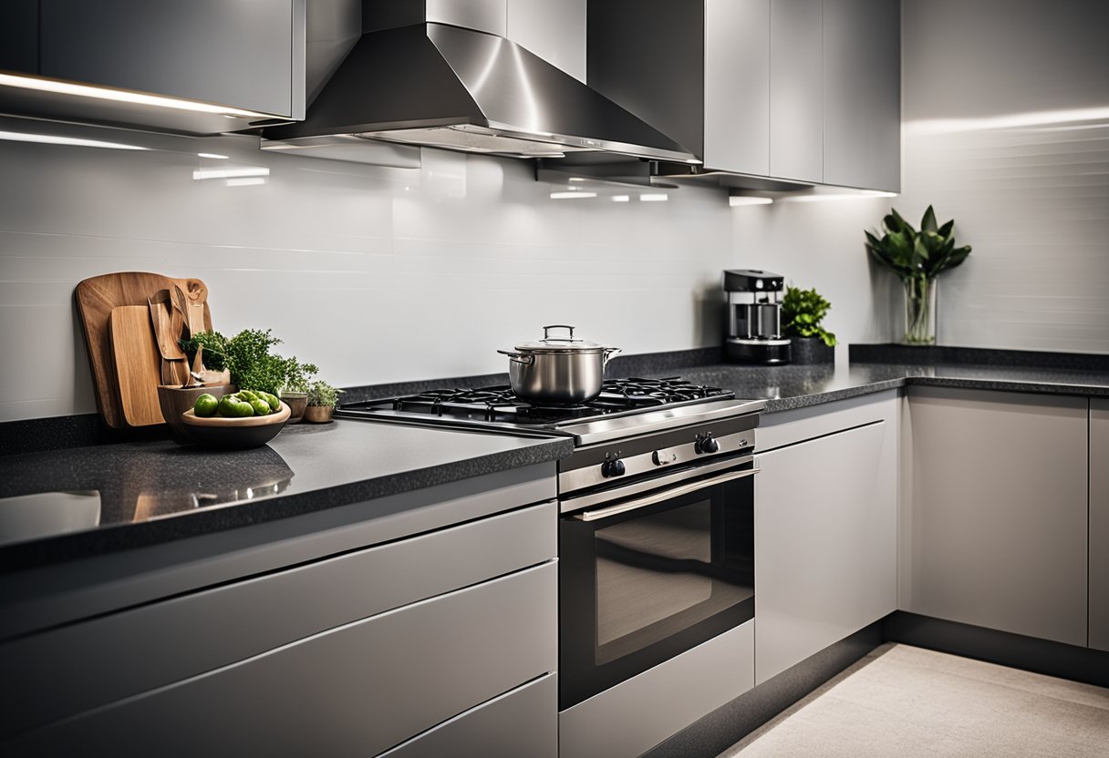 A sleek granite kitchen platform with clean lines and a polished surface, adorned with modern appliances and utensils