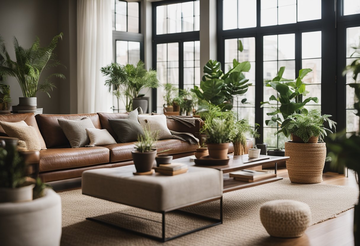 A cozy living room with earthy-toned furniture, potted plants, and natural light streaming in through large windows
