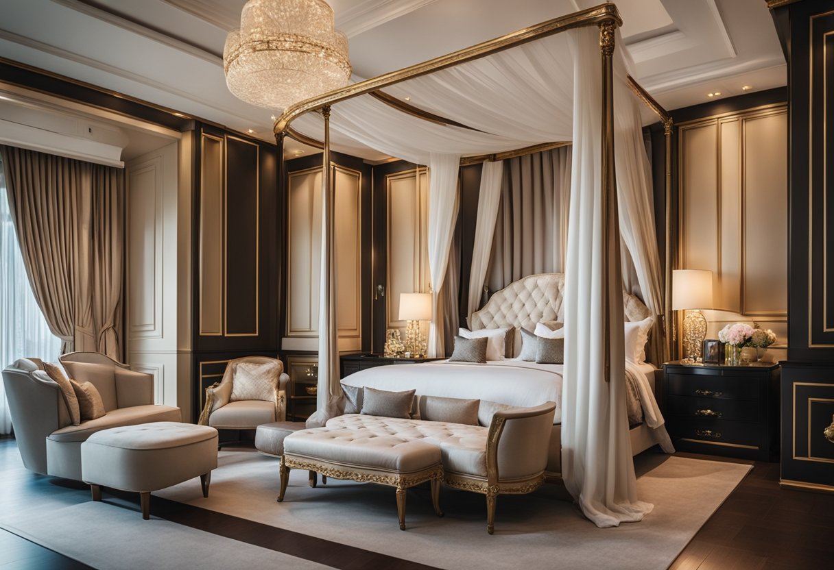 A luxurious bedroom with a grand canopy bed, elegant vanity, and ornate furniture fit for a princess in Singapore