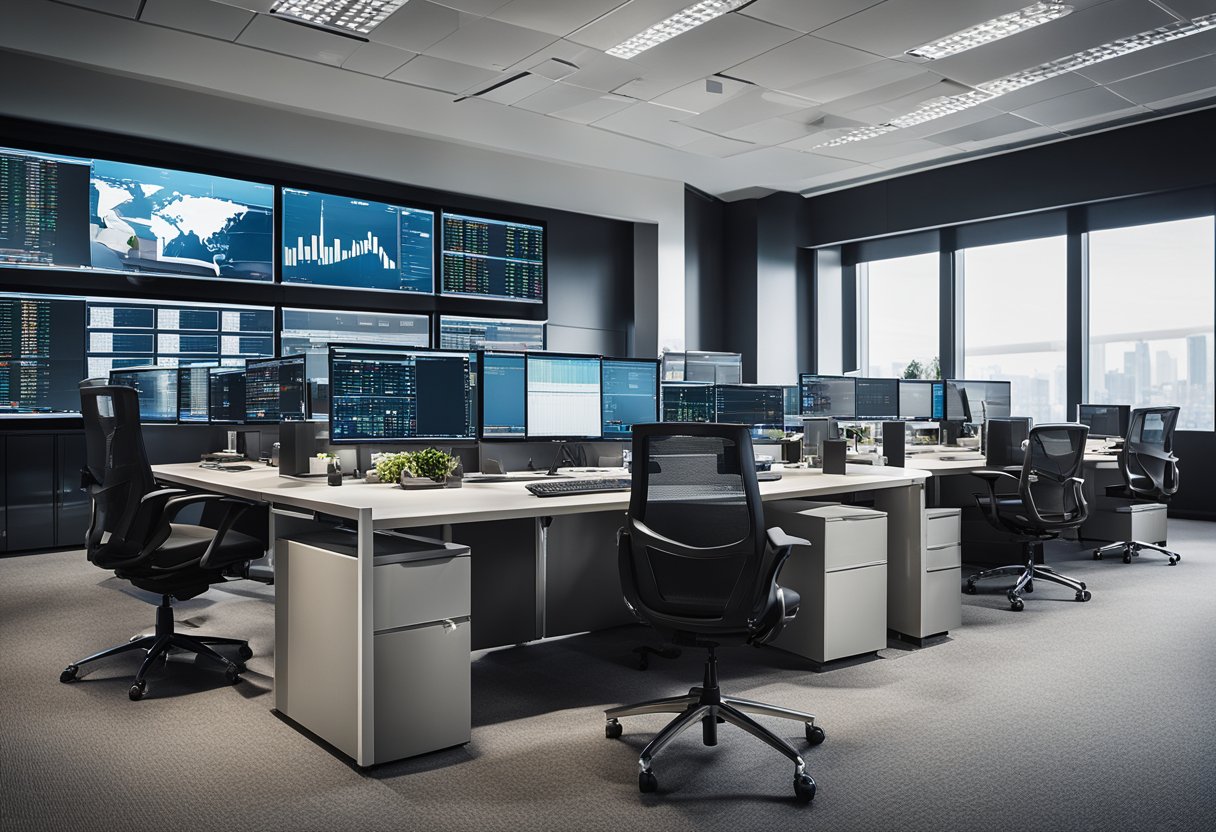 The trading office features modern furniture, a sleek desk with multiple computer monitors, and a wall covered in charts and graphs. The space is filled with natural light and bustling with activity