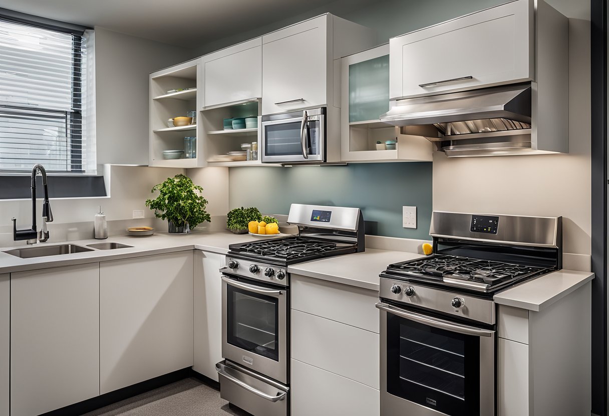 The small office kitchen is clean and organized, with modern appliances and ample counter space. The cabinets are neatly stocked with various kitchen supplies, and the room is filled with natural light from the large windows