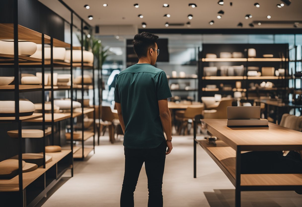 A customer browsing through a variety of custom-made furniture options in a Singapore showroom