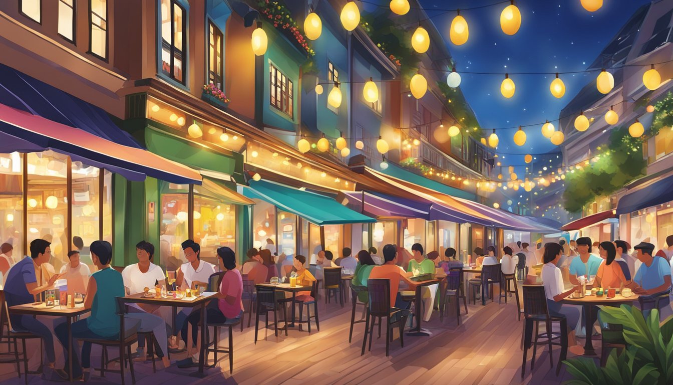 Vibrant restaurants line the river at Clarke Quay, with colorful lights and bustling nightlife creating a lively and festive atmosphere