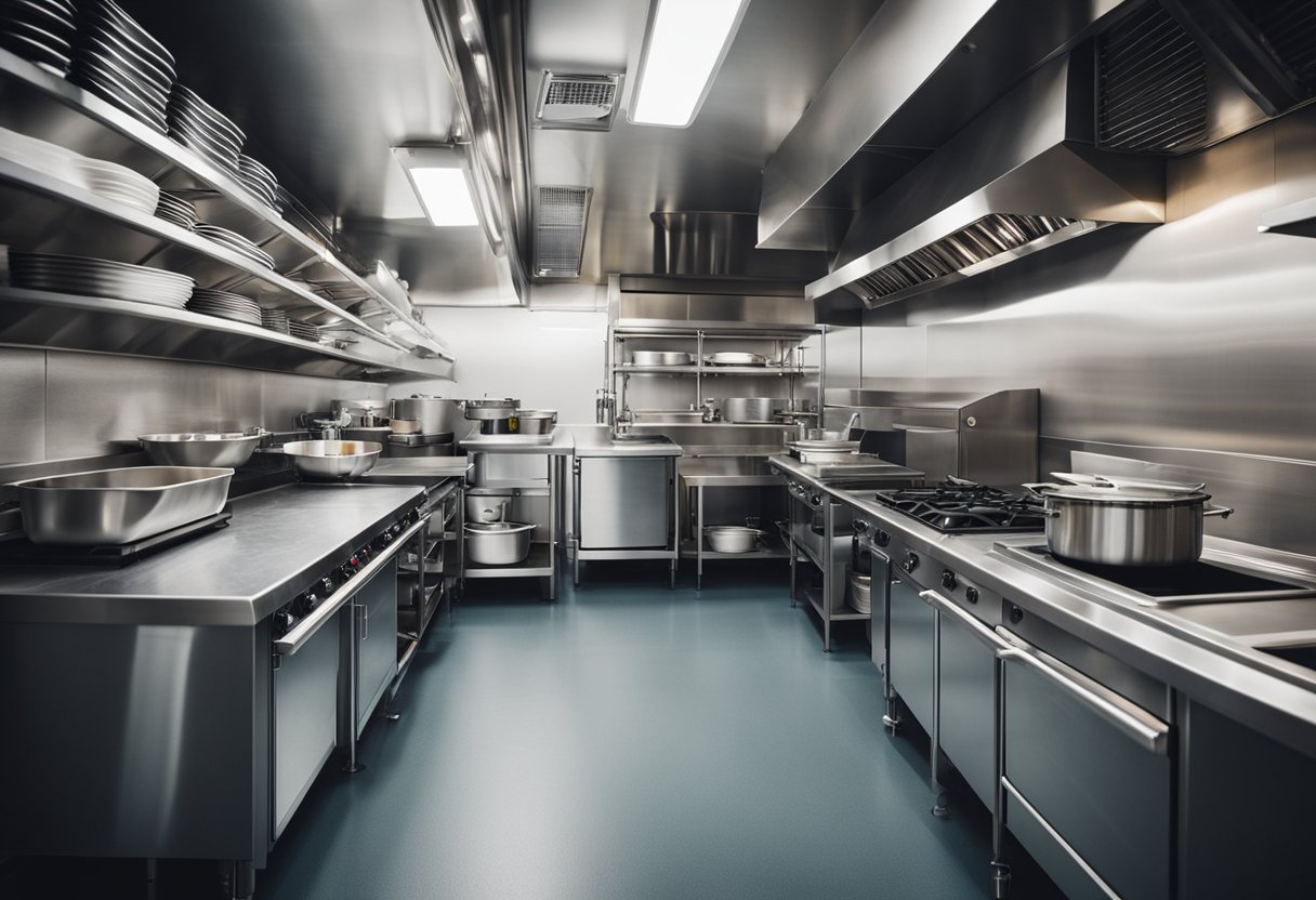 A small commercial kitchen with efficient layout, ample storage, and clear pathways for safe movement