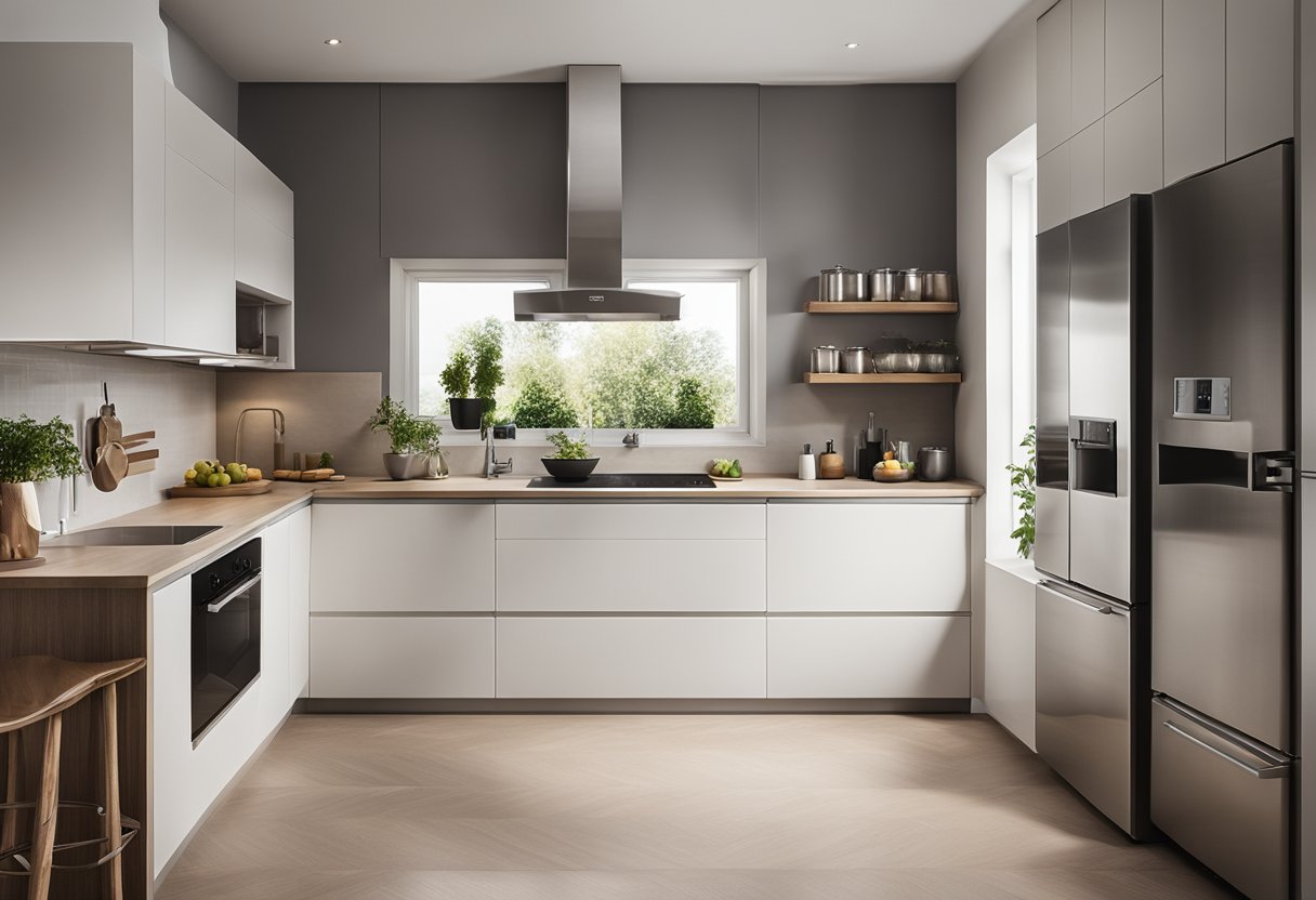 A modern square kitchen with sleek countertops, minimalist cabinetry, and stainless steel appliances. A large window lets in natural light, and a small dining area is adjacent to the cooking space