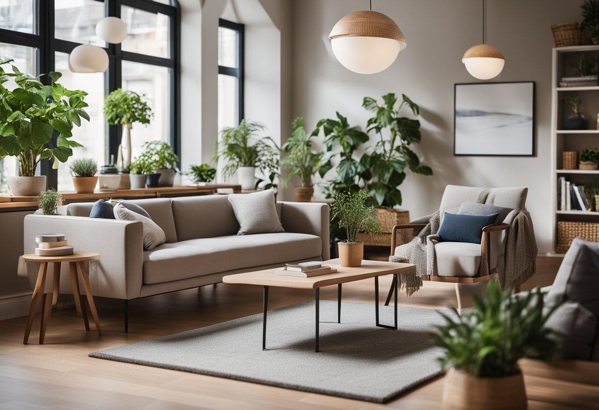 A cozy living room with modern, sustainable furniture. A bookshelf filled with plants, a comfortable sofa, and warm lighting create a welcoming atmosphere