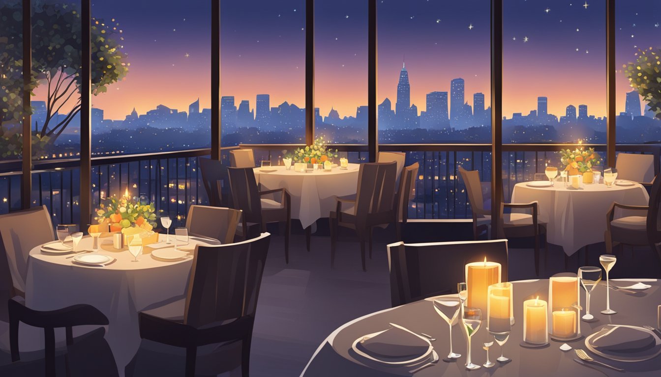 Candlelit tables overlook a serene city skyline. Soft music fills the air as couples enjoy intimate conversations over exquisite cuisine