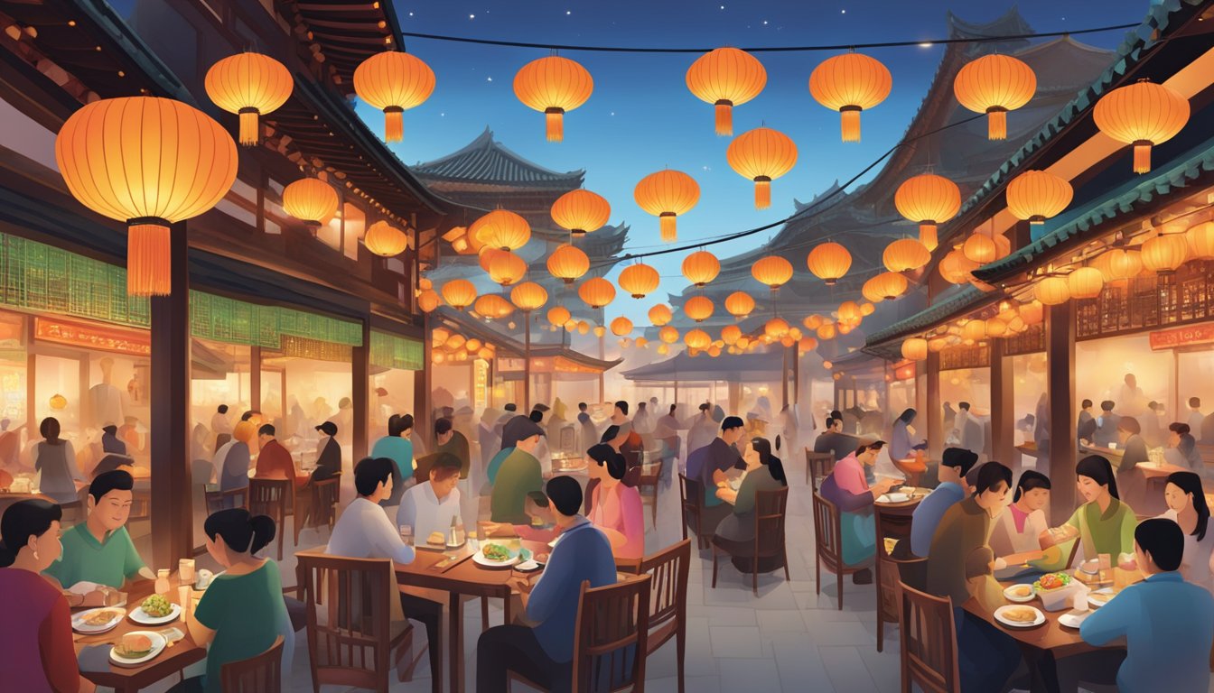 A bustling Far East Plaza restaurant, filled with colorful lanterns and bustling with diners enjoying traditional Asian cuisine