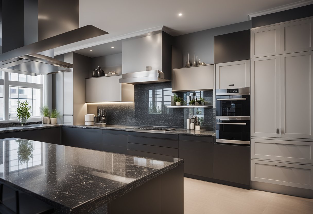 A sleek granite kitchen platform with FAQ signage, modern and inviting