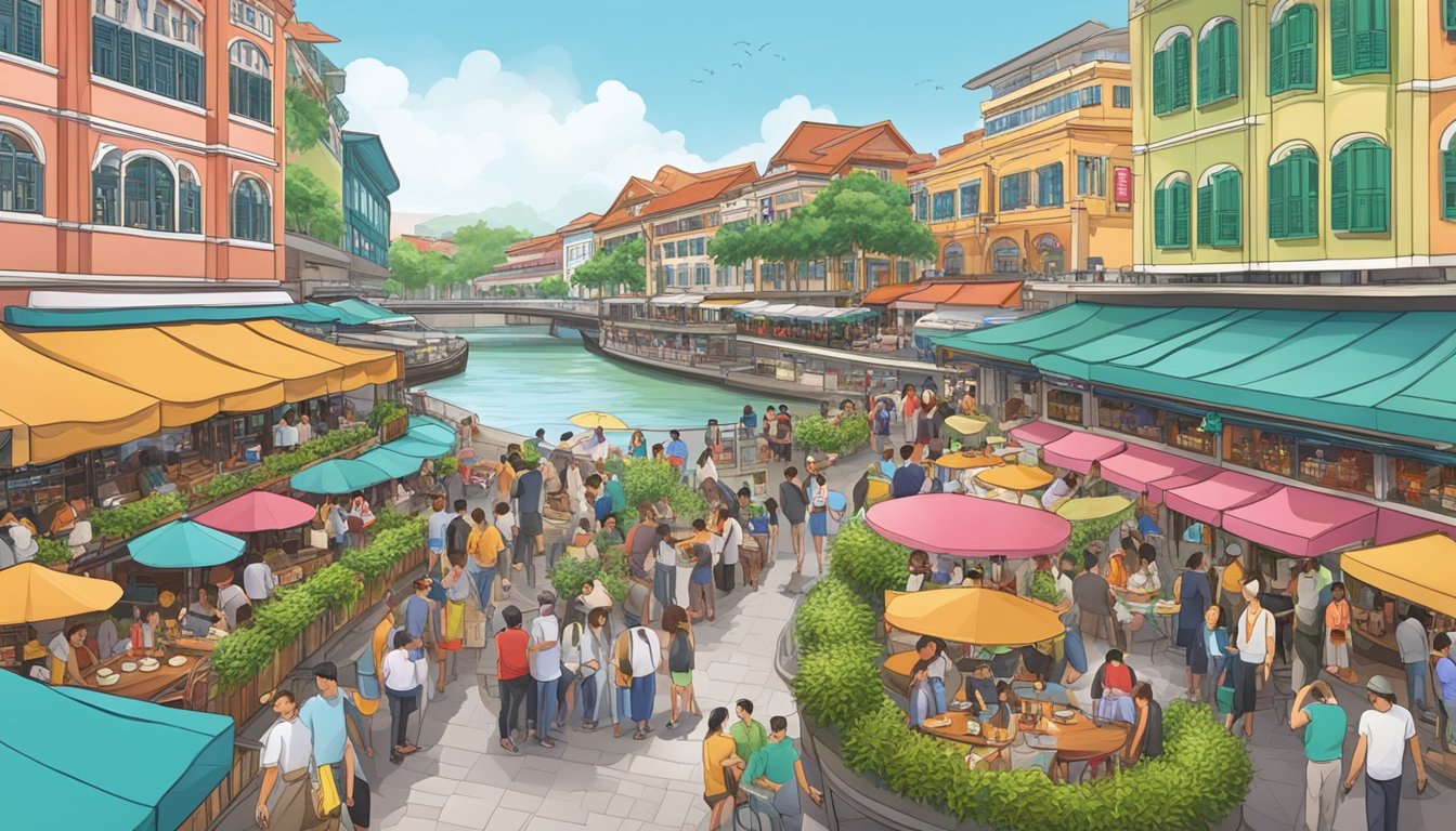 A bustling riverside scene with colorful restaurants and bustling crowds at Clarke Quay, Singapore