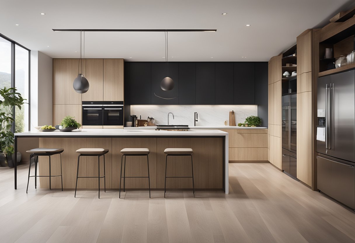A spacious, modern kitchen with sleek countertops, ample storage, and a large central island. Natural light floods in through large windows, highlighting the clean lines and minimalist design
