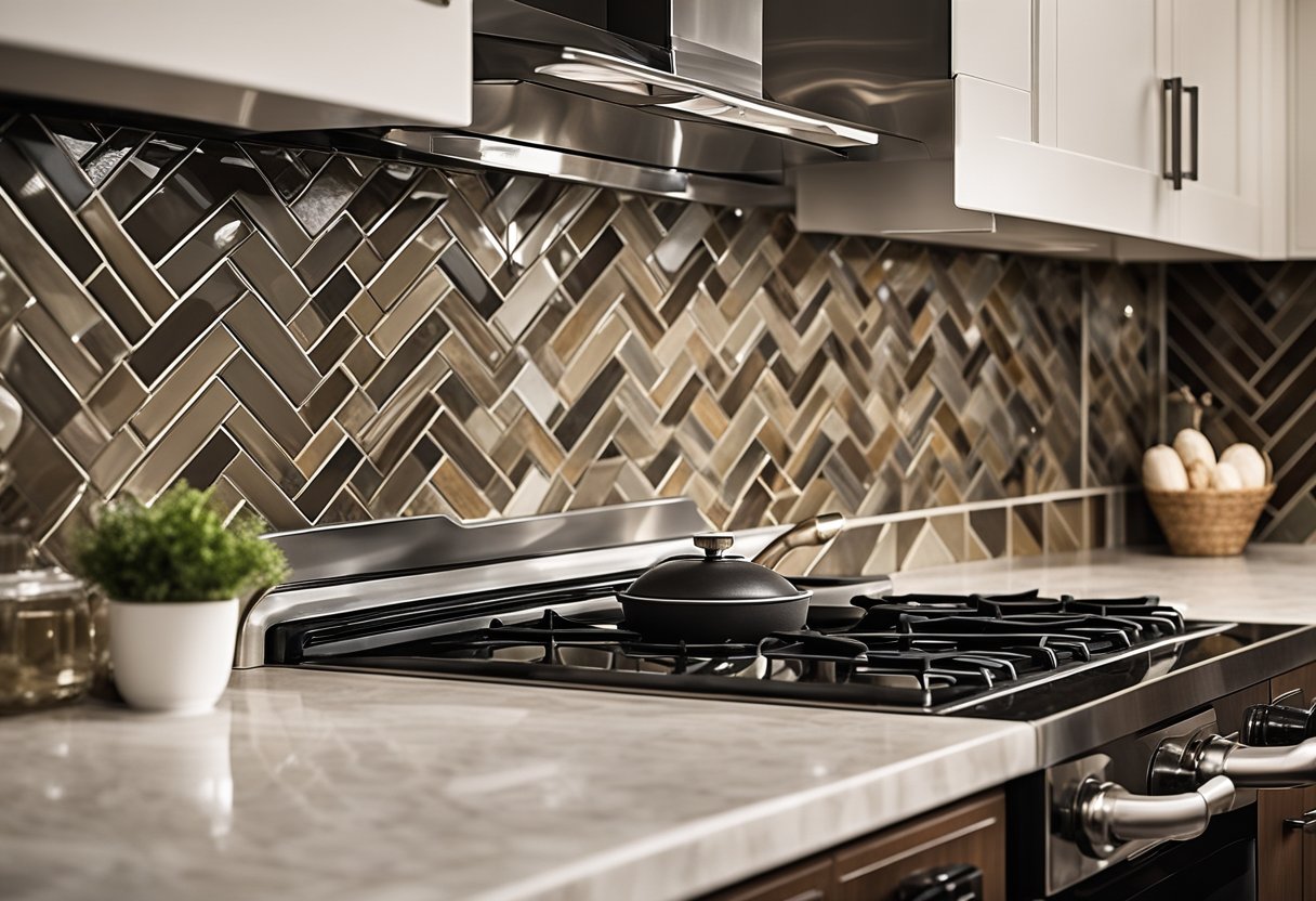 The kitchen stove backsplash features glossy ceramic tiles in a herringbone pattern, with a mix of neutral and earthy tones. The grout lines are thin and uniform, adding a subtle texture to the overall design