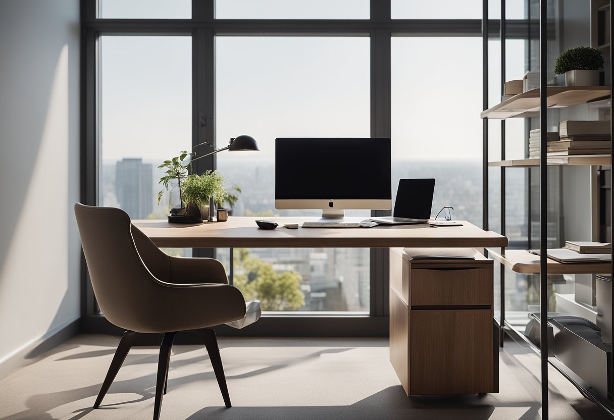 A sleek, minimalist desk with built-in storage, a comfortable ergonomic chair, and a large window with natural light streaming in