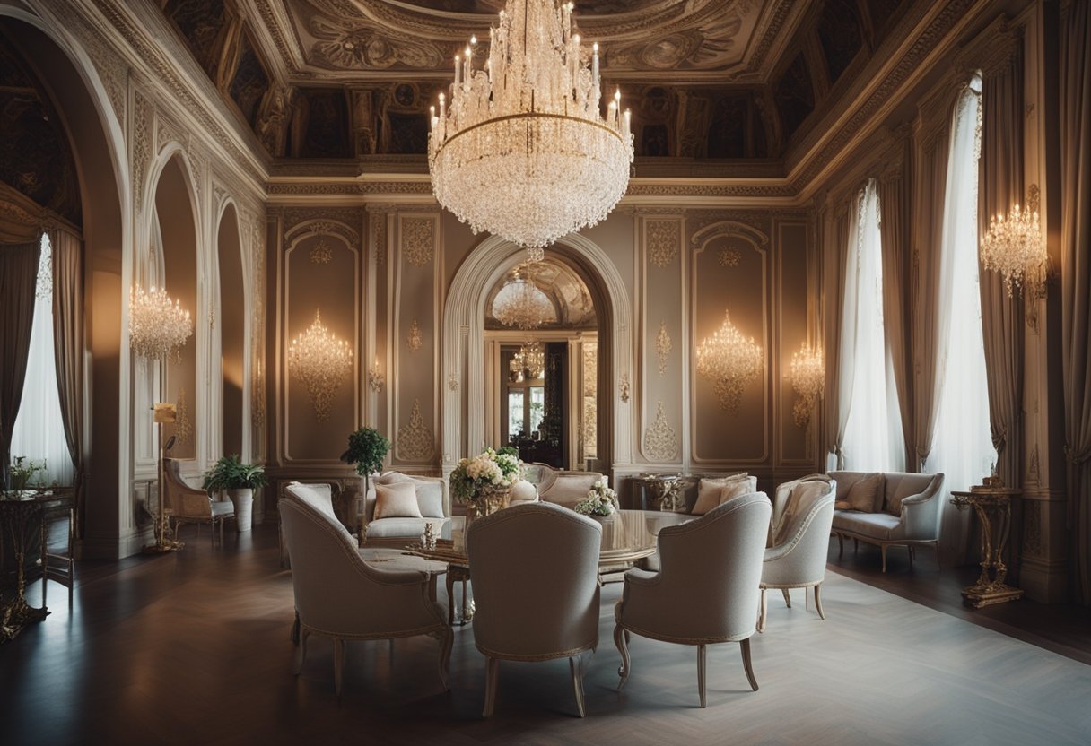 A grand castle with elegant, ornate furniture fit for a princess. Sparkling chandeliers hang from the ceiling, and luxurious fabrics adorn the chairs and sofas