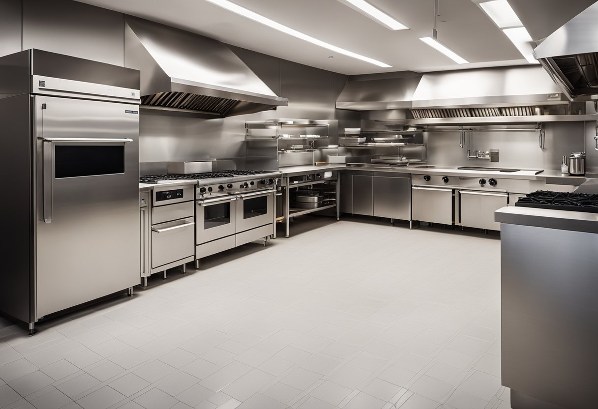 A modern, efficient commercial kitchen layout with open shelving, ergonomic workstations, and sleek appliances. A focus on maximizing space and workflow for a seamless customer experience