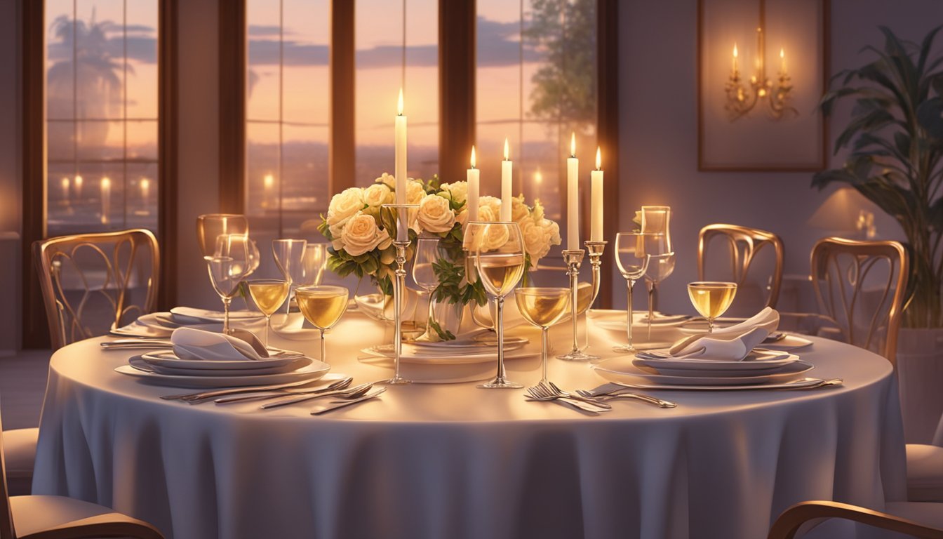 A candlelit table with elegant place settings, surrounded by soft lighting and romantic decor. The aroma of delectable cuisine fills the air, creating a warm and inviting ambience for a perfect date