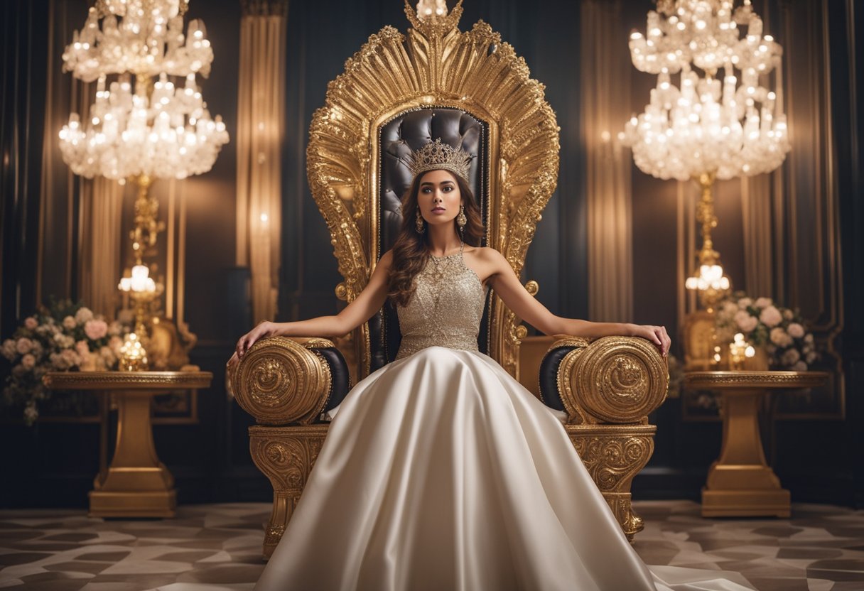 A princess sitting on a luxurious throne, surrounded by elegant furniture and sparkling decor, with a regal crown atop her head