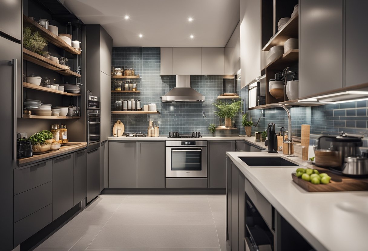 A compact, organized kitchen layout with efficient use of space, featuring essential equipment and storage solutions for small commercial operations