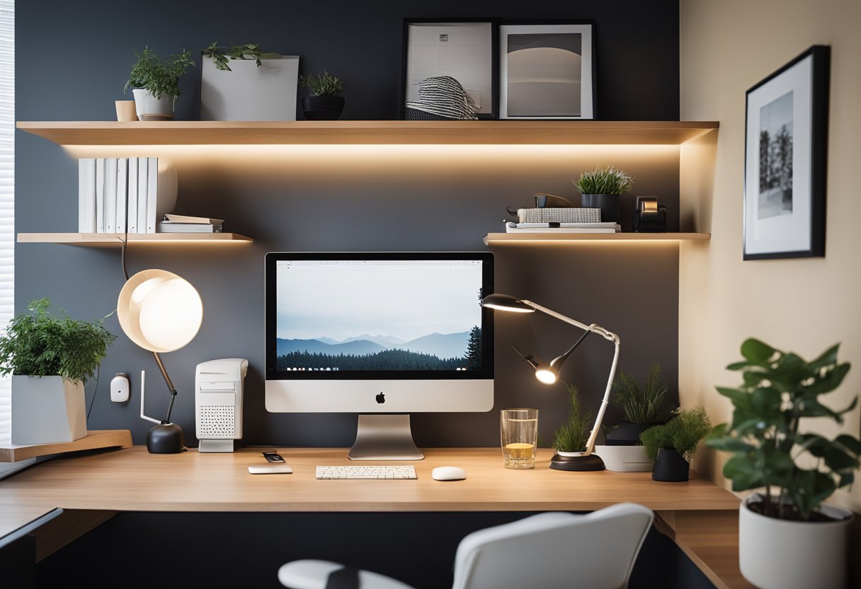 A clutter-free desk with built-in storage, a wall-mounted shelf, and a compact ergonomic chair in a well-lit corner of a small home office