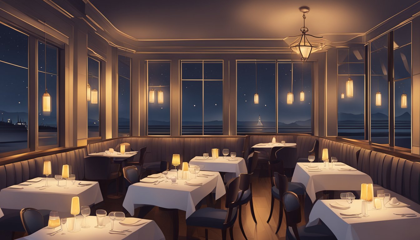 A cozy restaurant setting with dim lighting, intimate seating, and a menu displayed on the wall. Tables are set with elegant cutlery and soft candlelight
