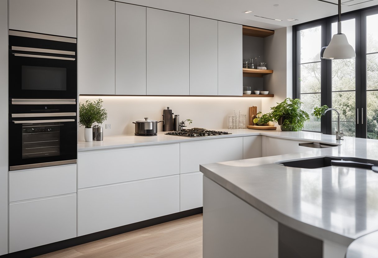 A spacious, modern kitchen with sleek countertops, ample storage, and high-end appliances. Natural light floods the room through large windows, highlighting the clean, minimalist design