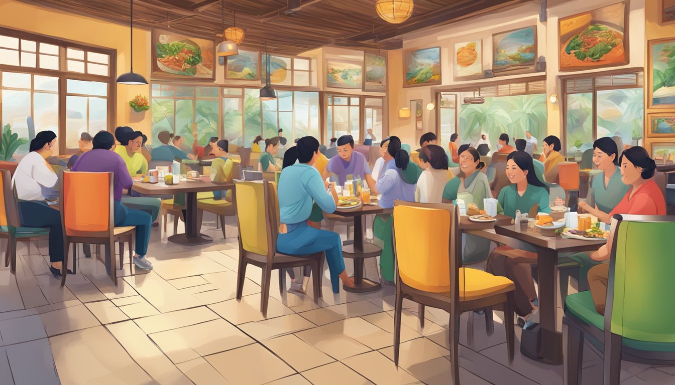 The bustling Manam restaurant, filled with colorful tables and chairs, steaming dishes, and lively chatter
