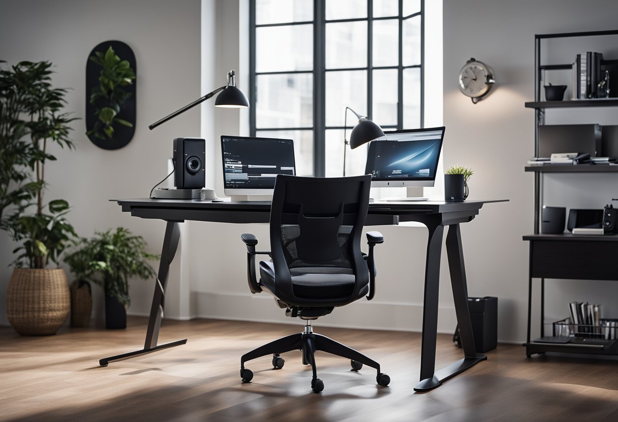 A sleek desk with adjustable height, a comfortable ergonomic chair, and integrated technology in a compact, well-lit modern home office