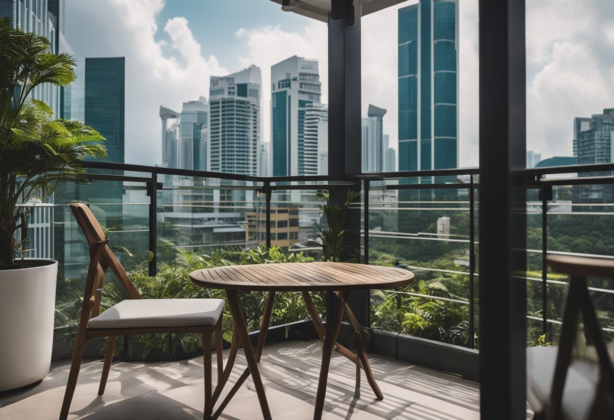 A small balcony with cheap outdoor furniture in Singapore, surrounded by lush greenery and city buildings in the background