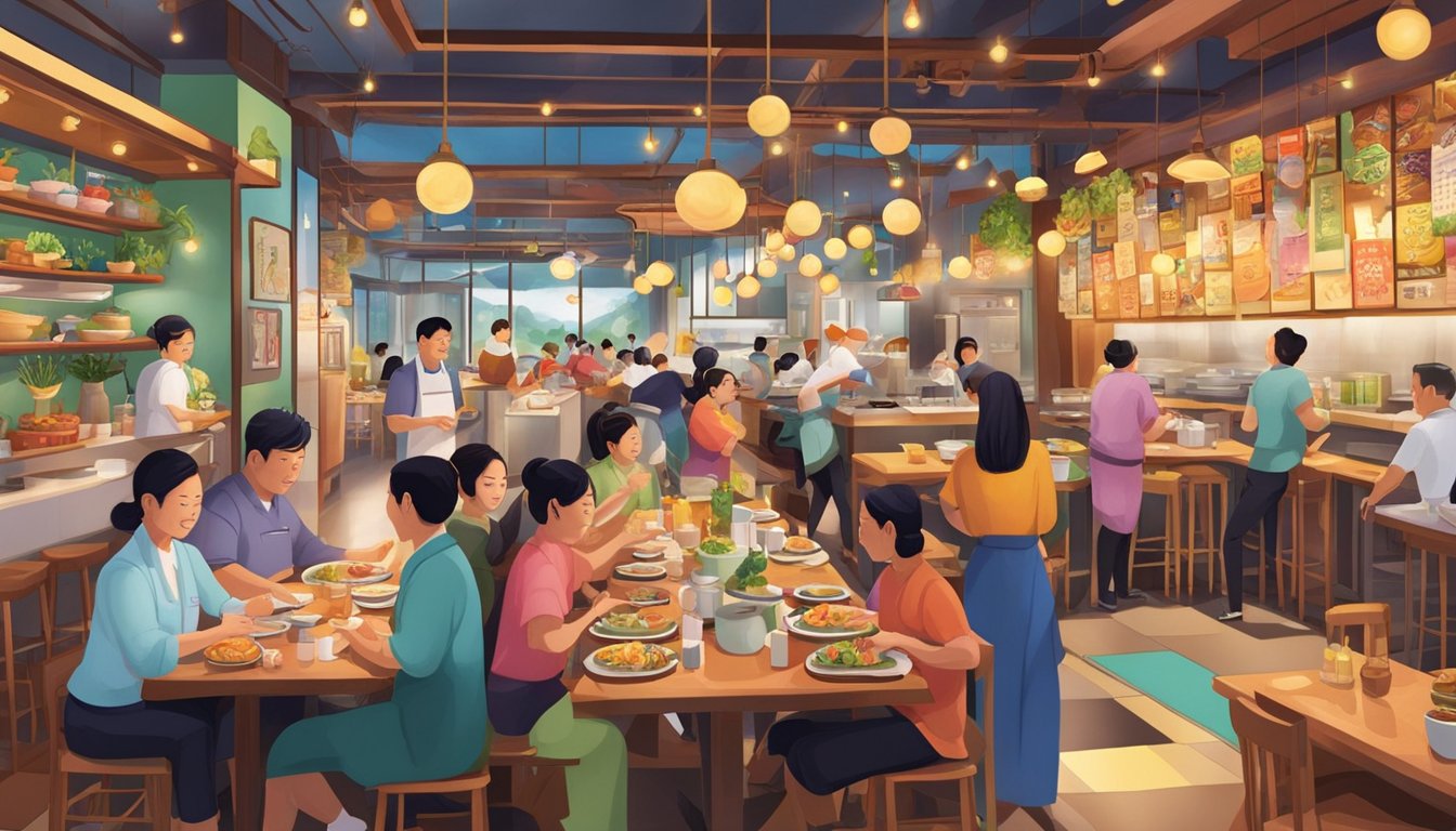 Customers choosing dishes, waitstaff serving tables, chefs cooking in open kitchen, colorful decor, and lively atmosphere at Wing Seong Fatty's restaurant