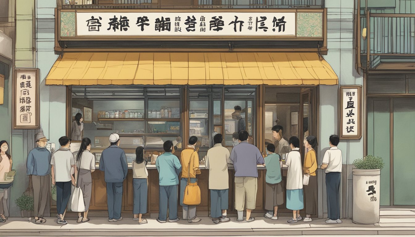 Customers line up at the entrance to Wing Seong Fatty's restaurant, reading a large sign with "Frequently Asked Questions" prominently displayed. The bustling scene is filled with anticipation and hunger