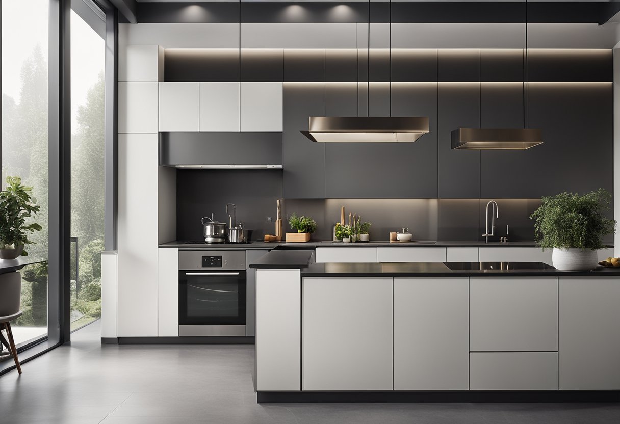 A square kitchen with sleek, modern design elements. Clean lines, minimalistic layout, and functional organization