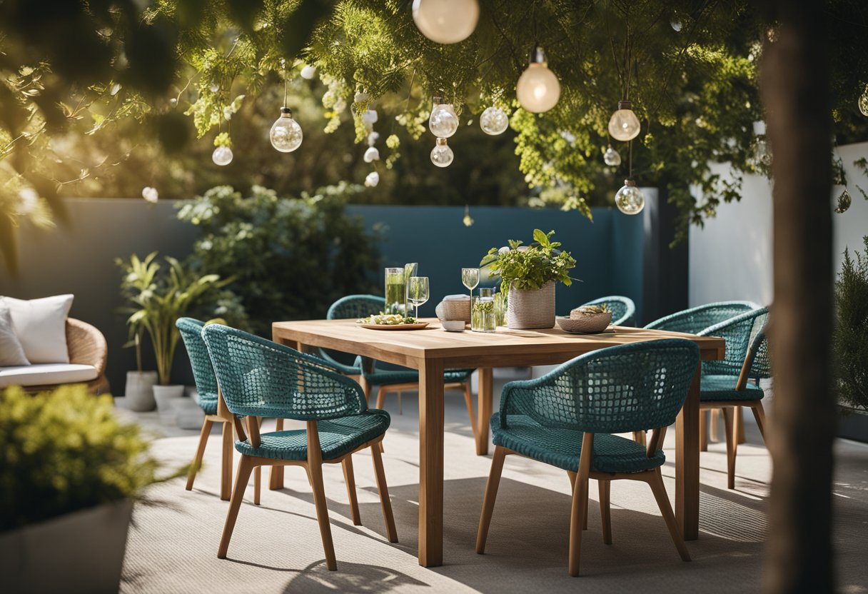 A cozy outdoor setting with a table and chairs, surrounded by lush greenery and a clear blue sky. The furniture is modern and stylish, yet affordable