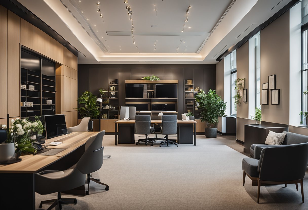 A spacious office with elegant decor, filled with wedding planning materials and a large desk. Soft lighting and comfortable seating create a welcoming atmosphere