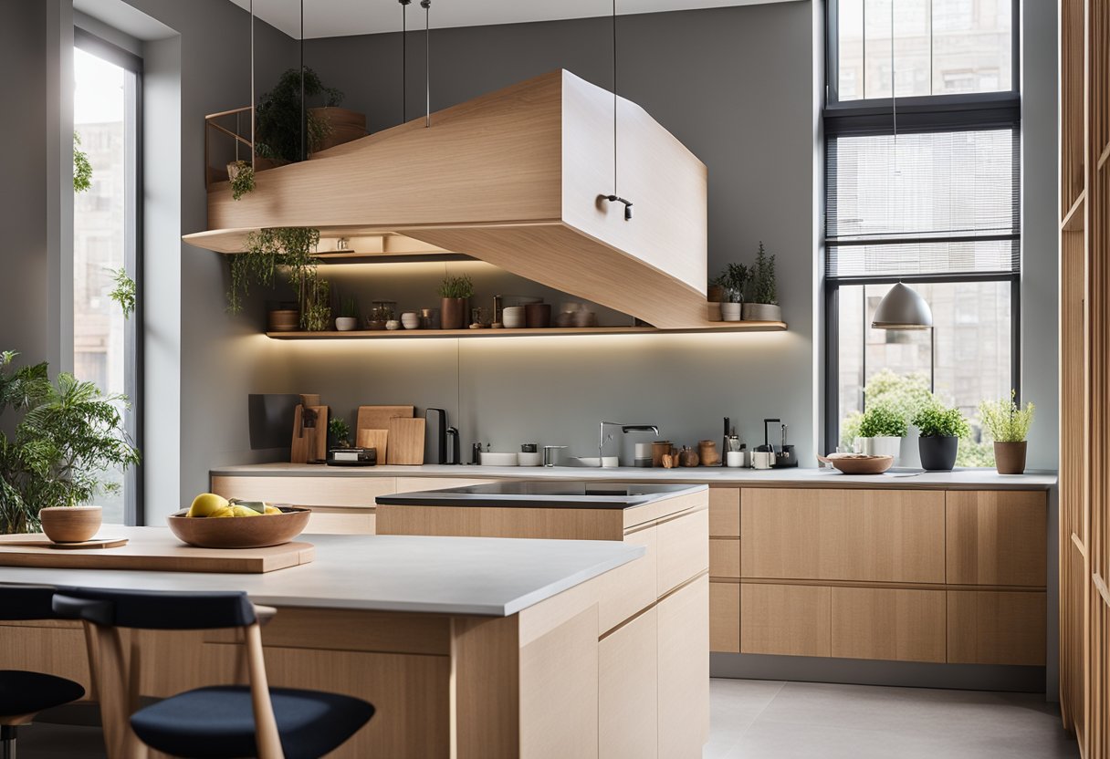 A bright, modern kitchen with sleek lines and innovative storage solutions. Natural light floods the space, highlighting the use of organic materials and a minimalist color palette