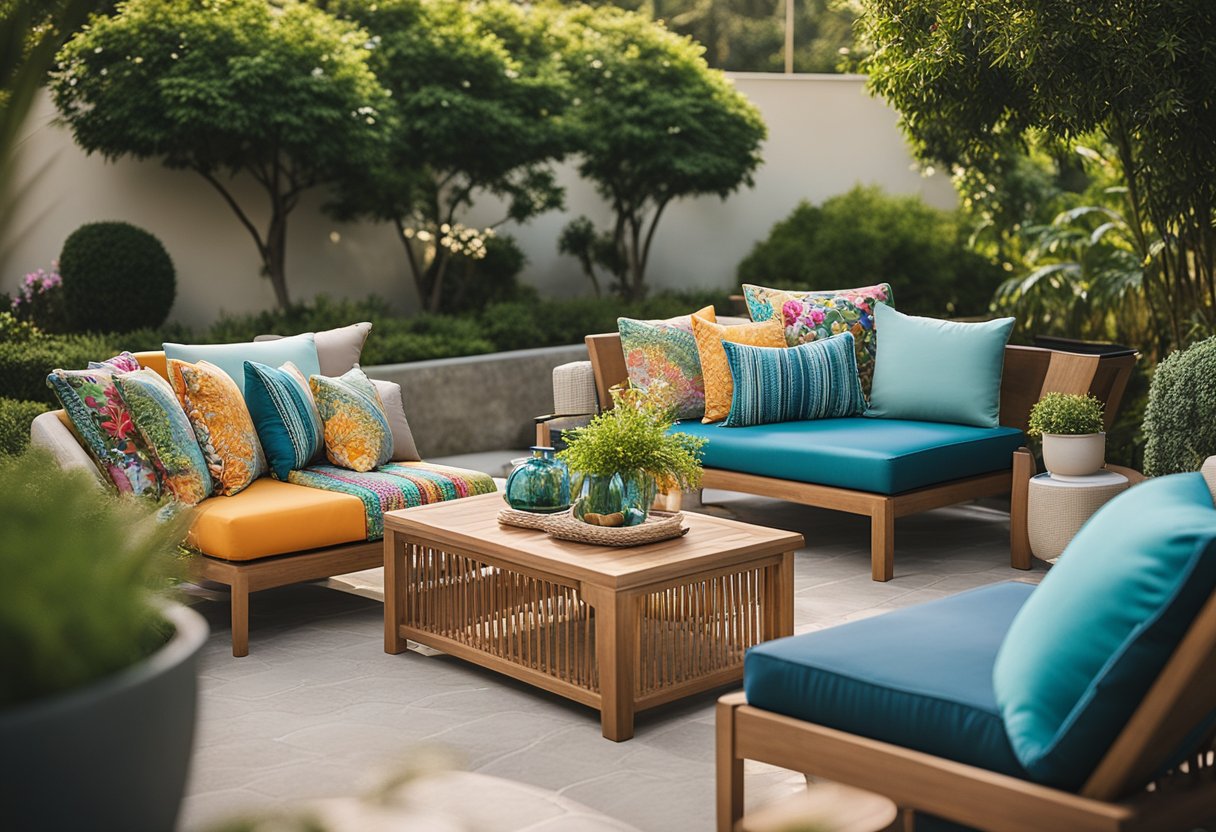 Colorful outdoor furniture cushions arranged neatly on a patio set in a lush garden setting