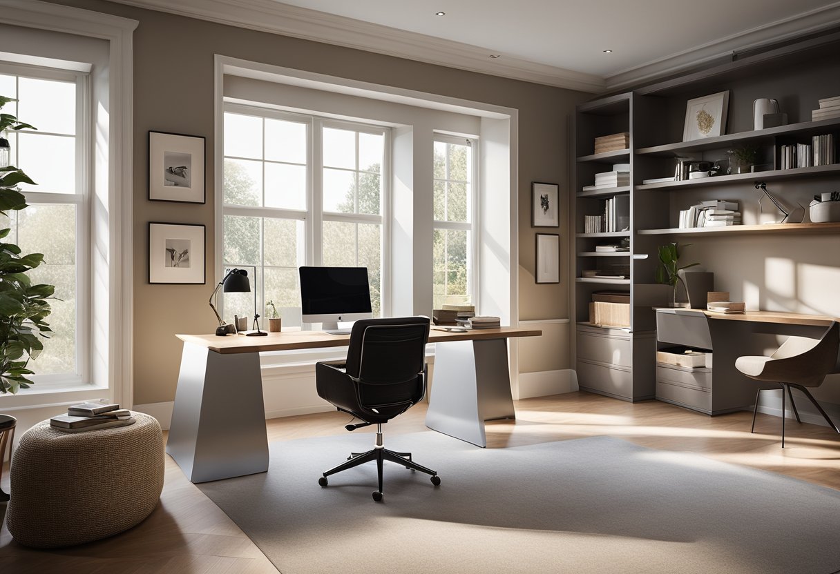 A cozy home office with a sleek desk, ergonomic chair, and smart storage solutions. Natural light streams in through a large window, illuminating the space. A minimalist color palette creates a clean and calming atmosphere