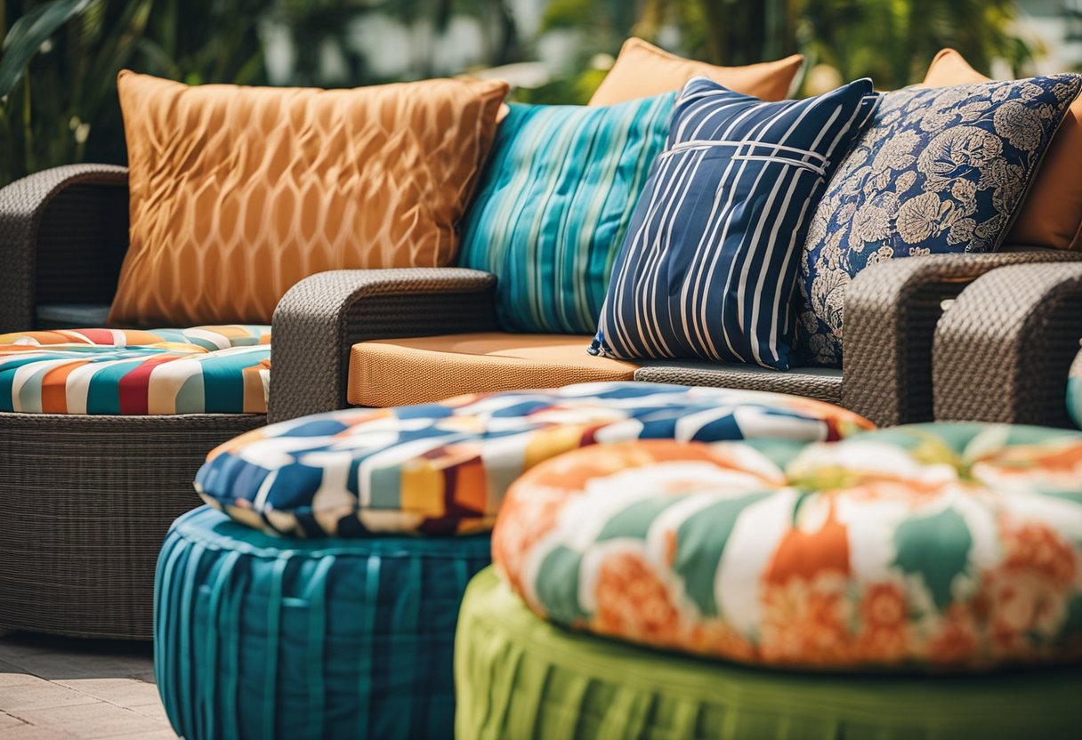 A colorful array of outdoor furniture cushions adorns a sunny patio in Singapore, showcasing a variety of patterns and textures. The vibrant scene invites relaxation and comfort in the tropical setting