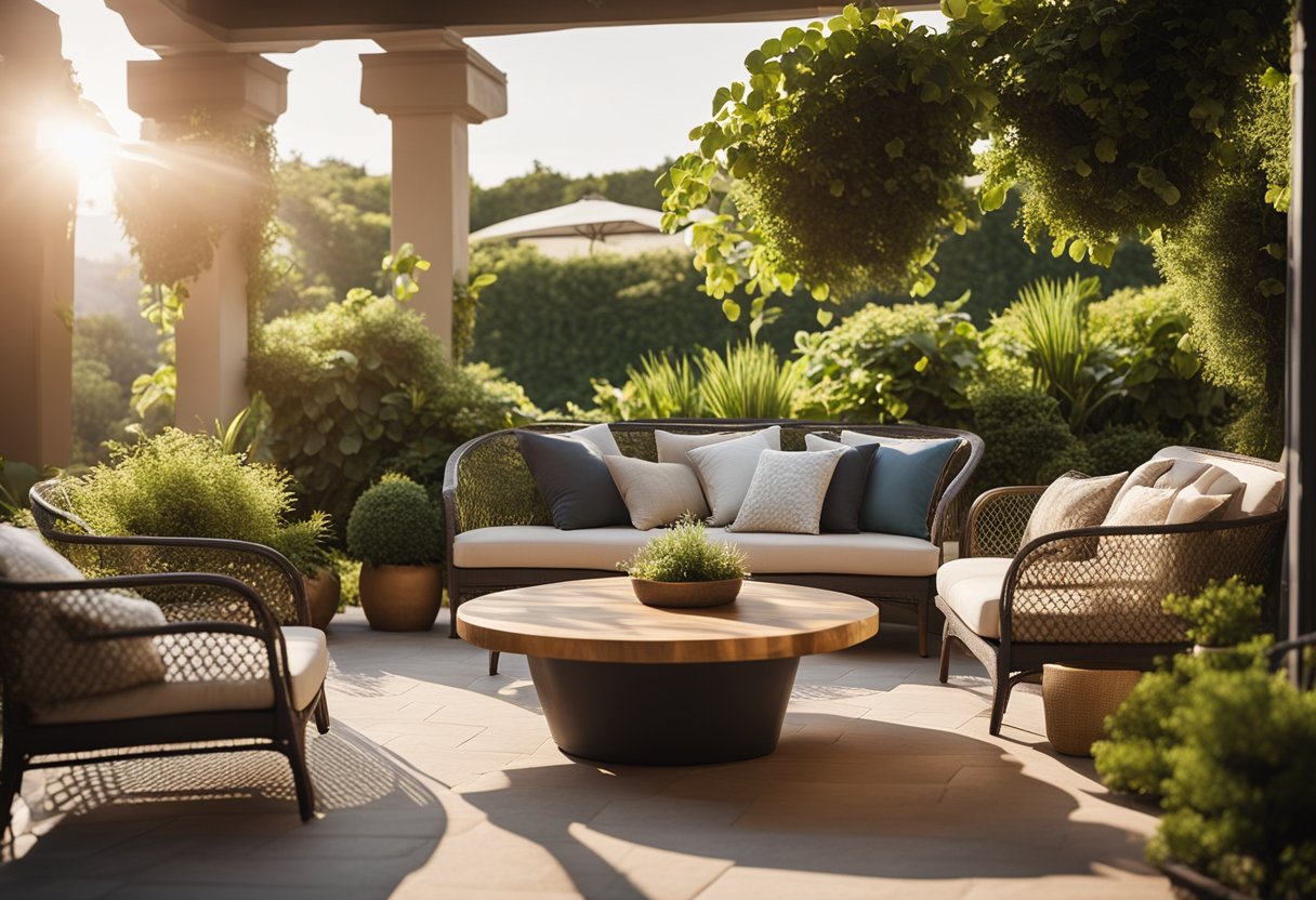 A cozy outdoor patio with plush cushions adorning the furniture, surrounded by lush greenery and bathed in warm sunlight